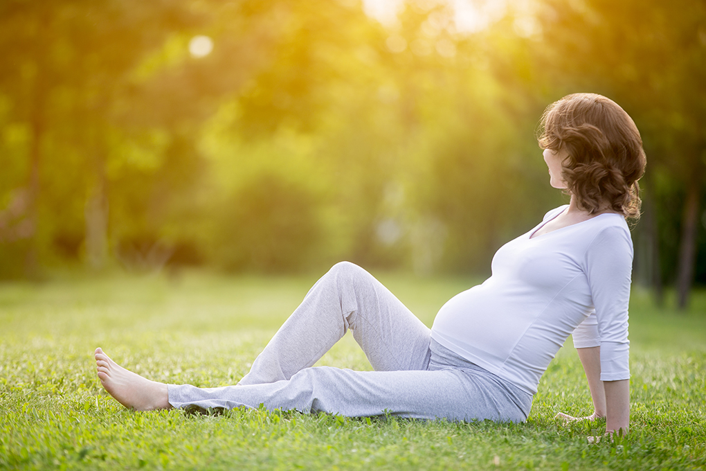 Happy young pregnant model sitting on grass lawn and looking at setting sun in park. Smiling future mom expecting baby. Maternity concept. Copy space